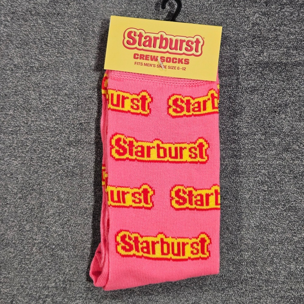 NEW Starburst Pink Candy Logo Crew Socks Mens Shoe Size 6-12 Odd Sox